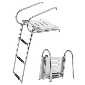 Boat Ladder, 3 Steps, Stainless Steel Telescoping Folding Swim Deck Ladder for Rear Entry Inboard, 400 lbs Capacity with Wide Anti-Slip Steps & Handr