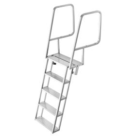 Flip-Up Dock Ladder, 5-Step, Heavy-Duty Aluminum Alloy Pontoon Boat Swim Ladder, with Non-Slip Wide Steps, 350 lbs Weight Capacity, Pull Rope Assist,